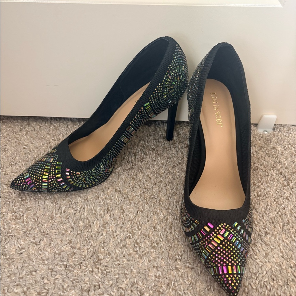 Thalia Sodi Black Pointed Toe Heels with Multicolor Beading